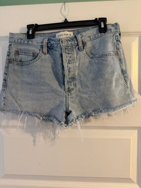 Aritzia Light Blue High-Rise Frayed Hem Denim Shorts